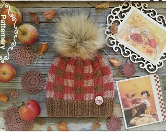 Plaid BULKY "Apple Pie" Hat FLAT and ROUND Knitting Pattern Pdf in English language. Faux Fur Pom Instructions. Preemie up to Adult sizes.