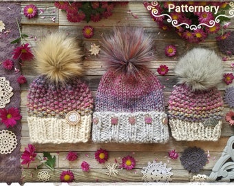 Basic 3 Hat Looks Set in ONE Knitting Pattern, SUPER Bulky Hat for Beginner, Flat and Round knitting, Pom Instructions. All sizes in English