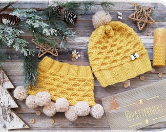 SET Cowl and Hat Knitting Pattern "Honeycomb" Worsted FLAT and ROUND Knitting Pattern Pdf. Pom Pom Instructions. Preemie up to Adult sizes.