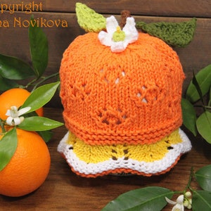 Orange or Lemon Worsted Hat Flat and Round Knitting Pattern PDF. Baby up to Teen size Hat Original Designed Fun Citrus Lace Hat Pattern.