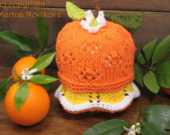 Orange or Lemon Worsted Hat Flat and Round Knitting Pattern PDF. Baby up to Teen size Hat Original Designed Fun Citrus Lace Hat Pattern.