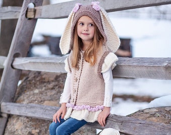 Knitting Pattern "Bunny" Hooded Vest - NB, baby, child sizes, Super bulky Fast FLAT knitted pattern for Boys or Girls, PDF in English