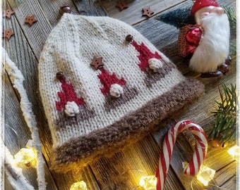 Knitting pattern Pdf, Jingle Gnomes hat in aran yarn. Sizes (Preemie-NB, baby, child, teen, adult) in English language only.