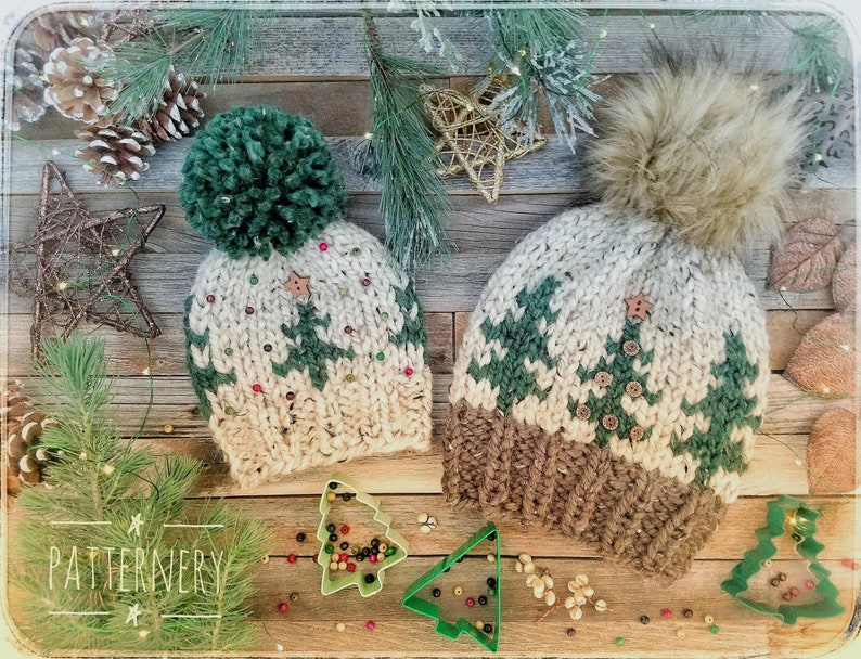 Fur and Yarn Pom Instructions SUPER BULKY Christmas Hat Noel Trees Knitting Pattern Pdf NB to Adult sizes in English Variety of Trees