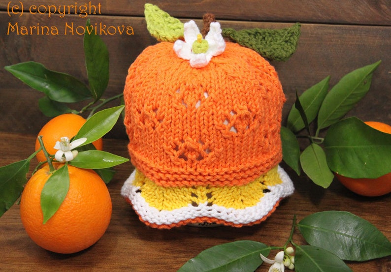 Baby up to Teen size Hat Original Designed Fun Citrus Lace Hat Pattern. Orange or Lemon Worsted Hat Flat and Round Knitting Pattern PDF