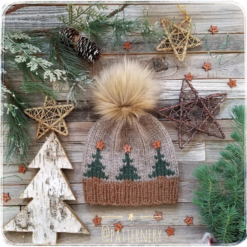 BULKY Christmas Trees Toque Knitting Pattern, Fair Isle Knit Hat, Bulky Pdf. Faux Fur Pom Instructions. Preemie up to Adult sizes. English image 9