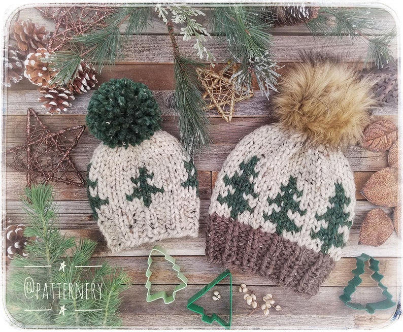 HAT Noel Trees Super Bulky Christmas Knitting Pattern Pdf. Two looks of Trees, NB to Adult in English, Hat ONLY image 2