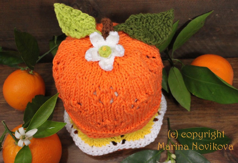 Baby up to Teen size Hat Original Designed Fun Citrus Lace Hat Pattern. Orange or Lemon Worsted Hat Flat and Round Knitting Pattern PDF
