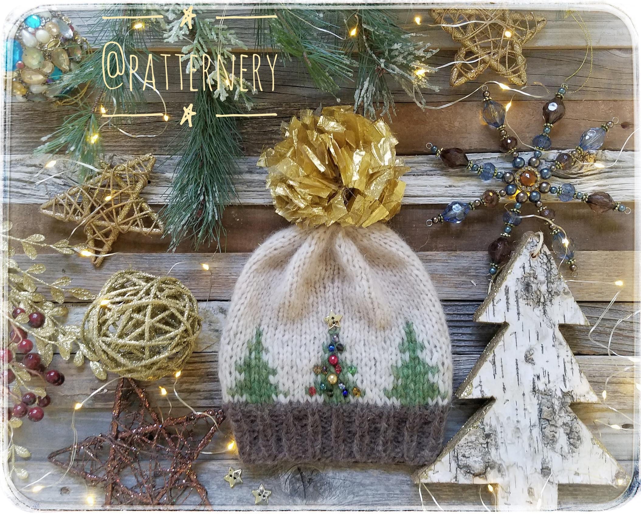 WORSTED Hat "Festive Trees" Knitting Pattern PDF, Fur Pom Instructions and Beads Instructions included. Preemie to Adult Pattern in English