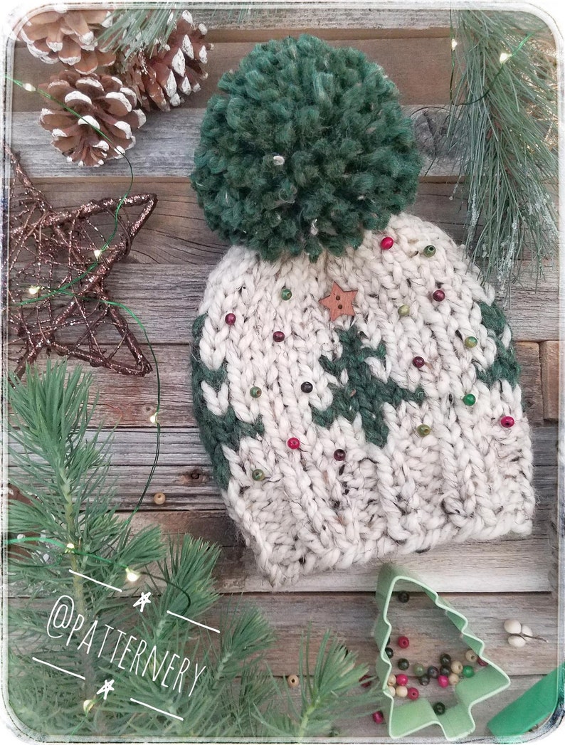Fur and Yarn Pom Instructions SUPER BULKY Christmas Hat Noel Trees Knitting Pattern Pdf NB to Adult sizes in English Variety of Trees