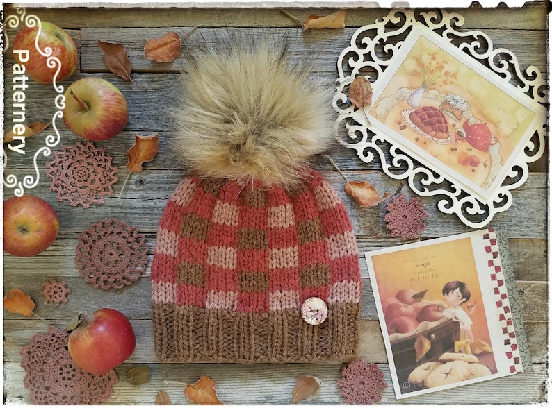 Plaid BULKY Apple Pie Hat FLAT and ROUND Knitting Pattern Pdf in English language. Faux Fur Pom Instructions. Preemie up to Adult sizes. image 1