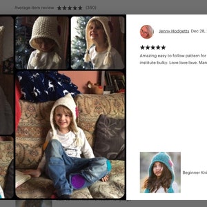 May include: A crochet pattern for a simple pixie beanie with a heart detail. The pattern is shown in multiple photos of children wearing the beanie. The pattern is described as easy to follow and perfect for beginner knitters.
