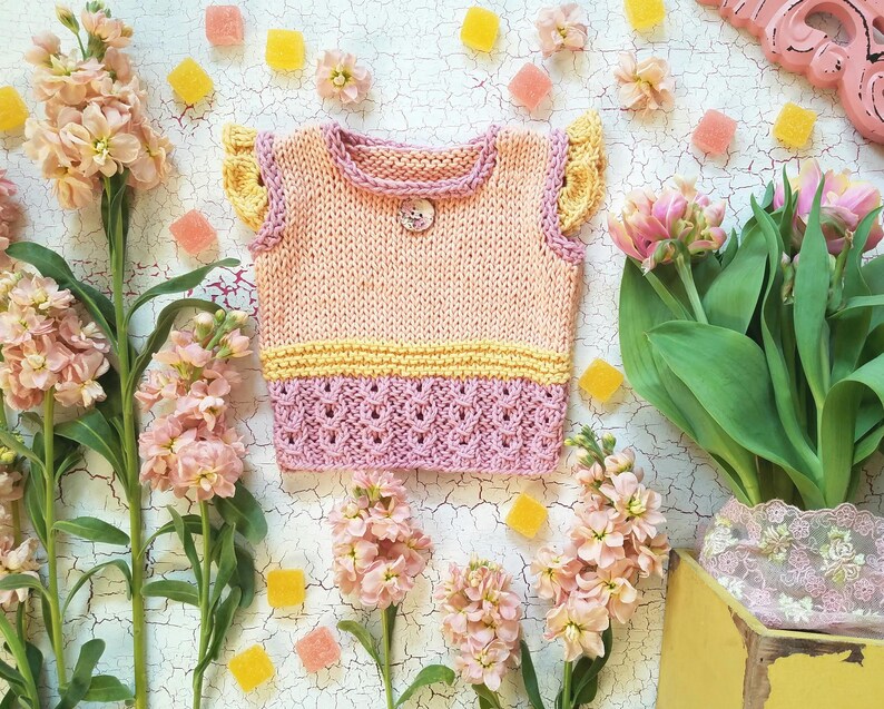 Girl or Boy Knitting Pattern PDF Vest in NB 8 y.o. Sizes. Original Designed Unisex Spring Bloom Top Flat Knitted. ENGLISH language image 4