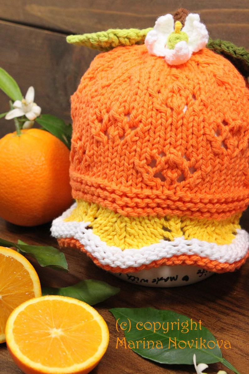 Baby up to Teen size Hat Original Designed Fun Citrus Lace Hat Pattern. Orange or Lemon Worsted Hat Flat and Round Knitting Pattern PDF