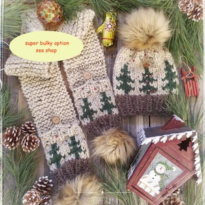 BULKY Christmas Trees Toque Knitting Pattern, Fair Isle Knit Hat, Bulky Pdf. Faux Fur Pom Instructions. Preemie up to Adult sizes. English image 4