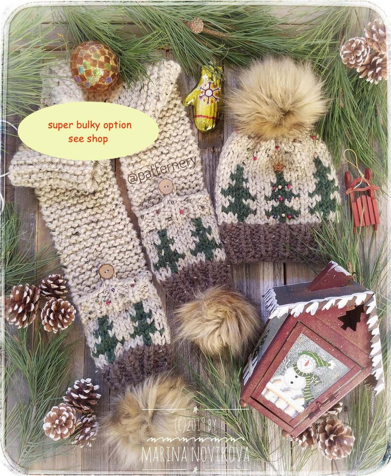 BULKY Christmas Trees Toque Knitting Pattern, Fair Isle Knit Hat, Bulky Pdf. Faux Fur Pom Instructions. Preemie up to Adult sizes. English image 4
