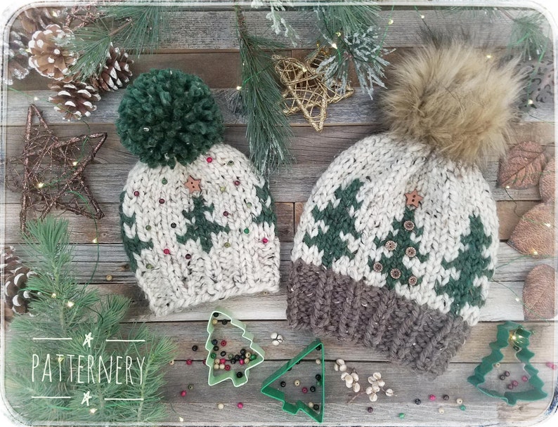Fur and Yarn Pom Instructions SUPER BULKY Christmas Hat Noel Trees Knitting Pattern Pdf NB to Adult sizes in English Variety of Trees