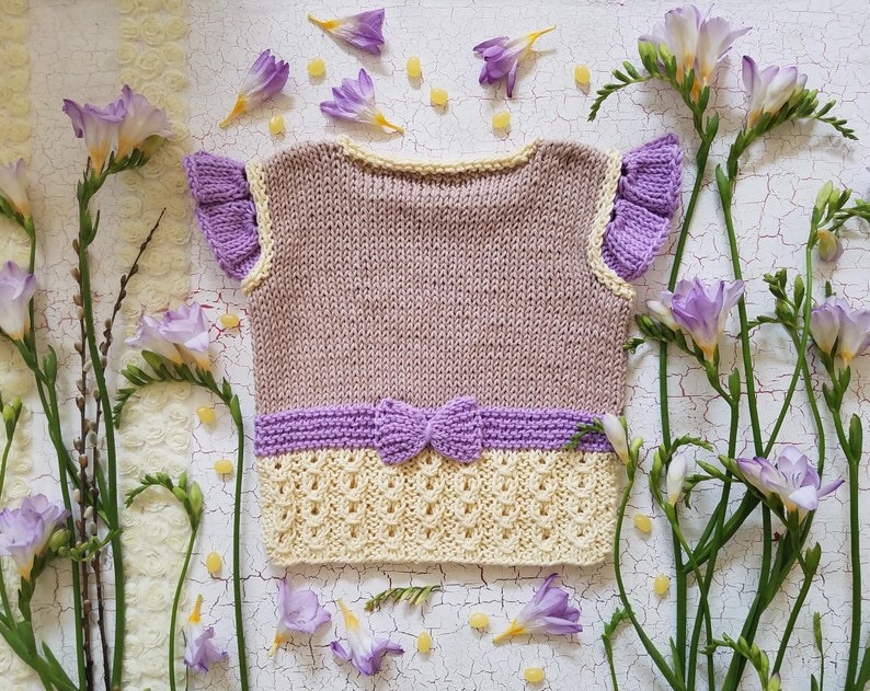 Girl or Boy Knitting Pattern PDF Vest in NB 8 y.o. Sizes. Original Designed Unisex Spring Bloom Top Flat Knitted. ENGLISH language image 3