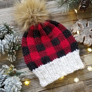 Plaid BULKY Apple Pie Hat FLAT and ROUND Knitting Pattern Pdf in English language. Faux Fur Pom Instructions. Preemie up to Adult sizes. image 2