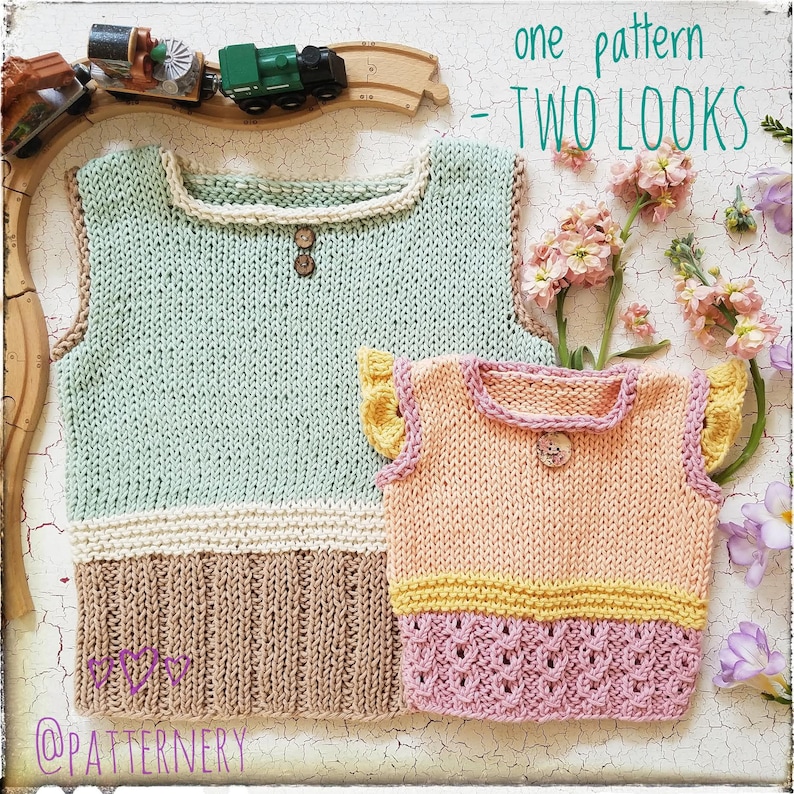 Girl or Boy Knitting Pattern PDF Vest in NB 8 y.o. Sizes. Original Designed Unisex Spring Bloom Top Flat Knitted. ENGLISH language image 1