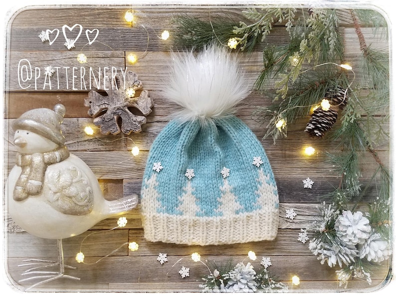 BULKY Christmas Trees Toque Knitting Pattern, Fair Isle Knit Hat, Bulky Pdf. Faux Fur Pom Instructions. Preemie up to Adult sizes. English image 2
