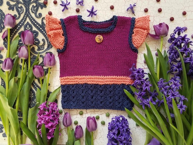 Girl or Boy Knitting Pattern PDF Vest in NB 8 y.o. Sizes. Original Designed Unisex Spring Bloom Top Flat Knitted. ENGLISH language image 2