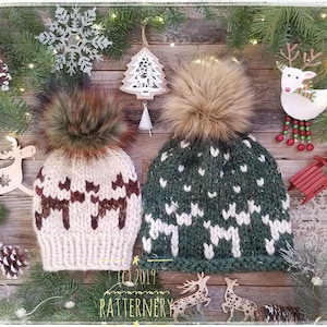SUPER BULKY Christmas Hat "Reindeer" Knitting Pattern Pdf. Two looks in one, Extra Instructions for pom-pom. NB to Adult sizes in English