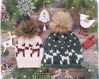 SUPER BULKY Christmas Hat "Reindeer" Knitting Pattern Pdf. Two looks in one, Extra Instructions for pom-pom. NB to Adult sizes in English