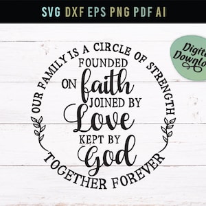 May include: A black and white digital download design with the text "Our family is a circle of strength founded on faith joined by love kept by God together forever." The design is surrounded by a circular floral border.