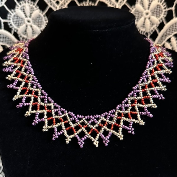 Zigzag Necklace pattern 56. Beading tutorial pattern. Bead lace net collar jewellery. This is a digital BEAD PATTERN not a physical item.