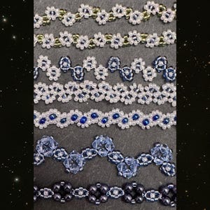 May include: A selection of beaded bracelets with intricate designs. The bracelets use white, blue, and black beads in floral and geometric patterns. The beads are strung together to create delicate and detailed jewellery.