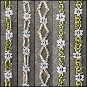 Peut inclure: Cinq bracelets en perles différentes avec un motif de fleurs. Les bracelets sont faits de perles vertes, argentées et blanches.