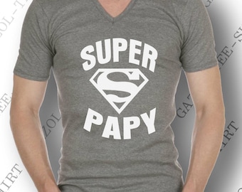 Tee-shirt  "SUPER PAPY". Idée cadeau drôle  et original pour papy. Offrir un beau cadeau de noël pour papi ou anniversaire pour futur papy.