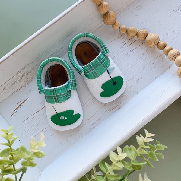 Golf Loafers - Hole in one first birthday - Golf Themed Birthday - Golf Shoes - Baby Moccasins - Moccs - Shoes for Toddlers - Soft Soles