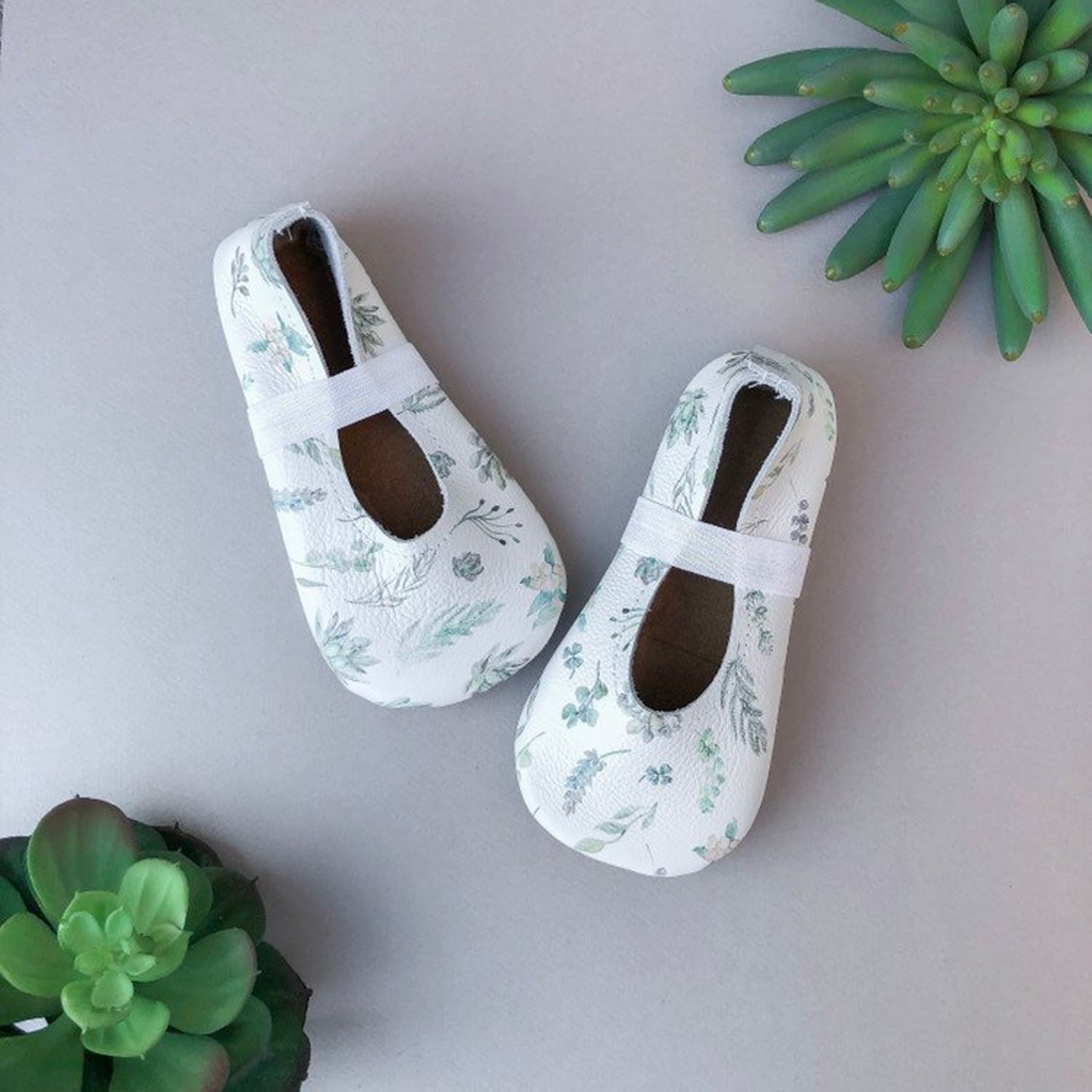 succulents ballet flats - white baby moccasins - genuine leather toddler shoes - boho baby outfit