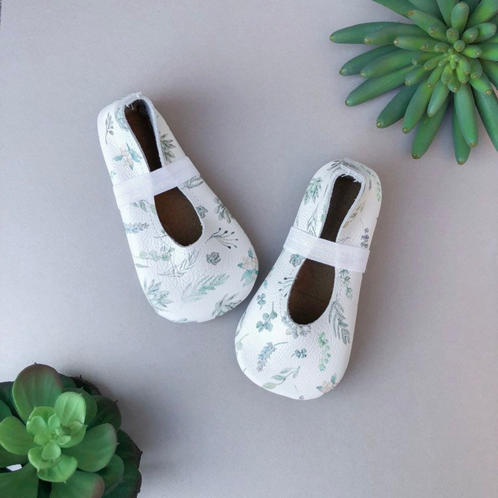 succulents ballet flats - white baby moccasins - genuine leather toddler shoes - boho baby outfit