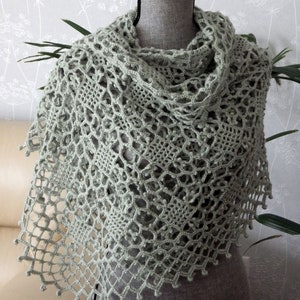 Lace Squares Crochet Rectangular Shawl, Luxury Australian Woollen Scarf Pale Eucalipt, Handmade Gift for Her, Any Occasion Bohemian Style