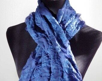 Nuno Felted Scarf, Handmade Wet Felting, Merino Bamboo Chiffon, Night Blue Hippy Style, Bohemian Fashion, Felt Boho Art Shawl, Gift for her