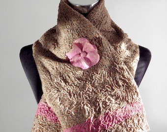 Nuno Felted Scarf Flower Brooch, Felt Art Beige Pink Shawl, Mothers Day, Merino Chiffon Silk,  gift for her, Boho Style, Women Shoulder Wrap