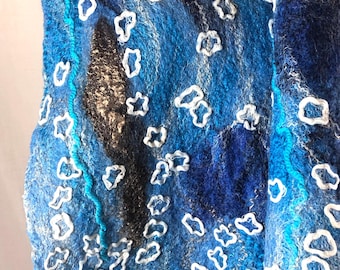 Blue Felted Art Scarf Multicolour Shawl, Women Fashion Boho Style, Australian Merino, Gift for Her Shoulder Wrap