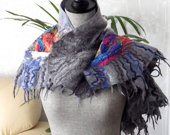 Vivid Nuno Felted Art Scarf Multicolour Crescent Shawl Women Fashion Boho Style Australian Merino Chiffon Viscose Gift for Her Shoulder Wrap