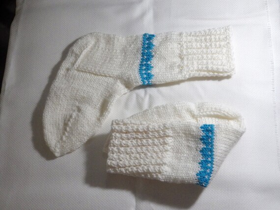 Luxury Hand Knitted Socks White Creamy Turquoise, Australian Yarn, Traditional Pattern, Keep your feet warm, Handmade Unique Cozy Tall Socks