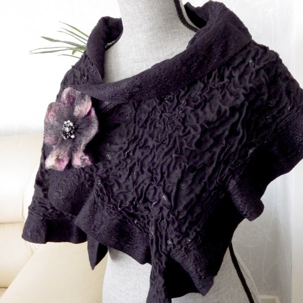 Nuno Felted Scarf Handmade Felting Brooch, Merino Viscose Chiffon, Black Elegant Style, Bohemian Fashion, Felt Boho Art Shawl, Gift for her