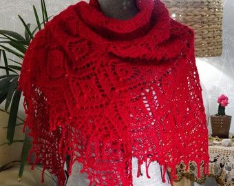 Cherry Red Lace Knit Shawl, Australian Classic Yarn, Hand knitting, Handmade Gift for Her, Special Occasion Bohemian Wedding, Red Glass Bids