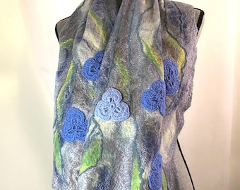 Magic Blue Flowers Shawl, Felted Scarf Handmade Bohemian Wedding Mother's Day Gift for Her Australian Merino Viscose Fibre Women Fashion Art
