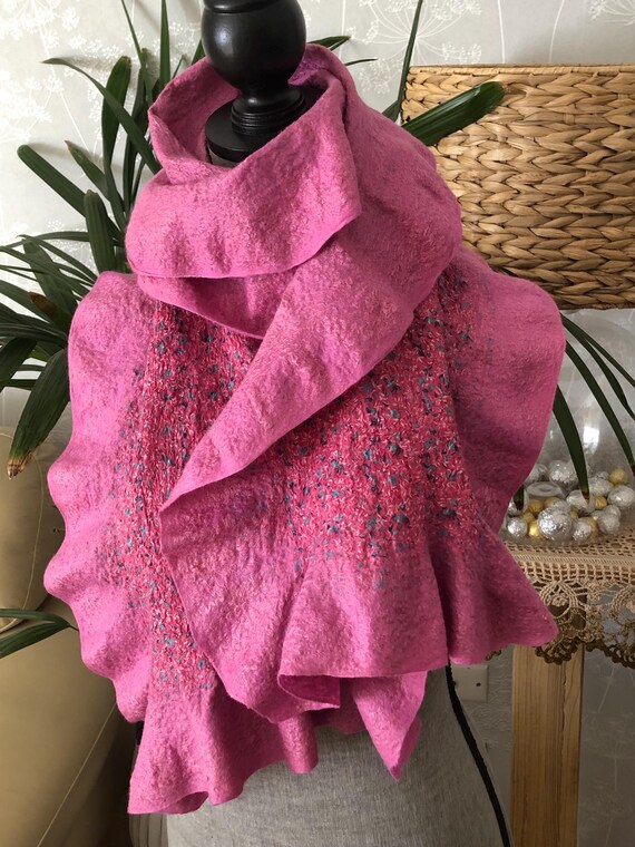 Nuno Felted Scarf Handmade, Felting Merino Silk Fabric Pink Elegant Style, Bohemian Women Fashion, Felt Boho Art Shawl, Gift for her