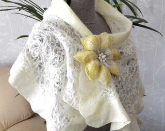 Lemon White Creamy Shawl Felted Scarf Handmade Bohemian Wedding Felt Brooch Gift for Her, Australian Merino Bamboo fibre, Women Fashion Art