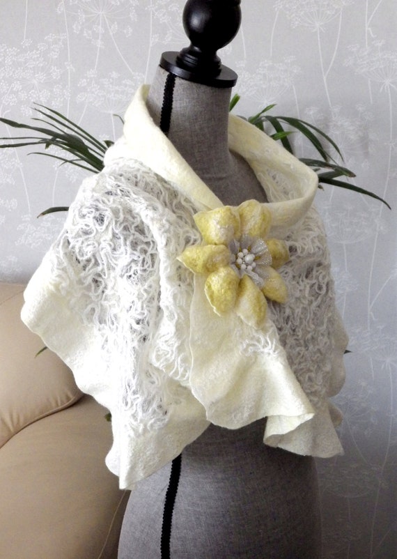Lemon White Creamy Shawl Felted Scarf Handmade Bohemian Wedding Felt Brooch Gift for Her, Australian Merino Bamboo fibre, Women Fashion Art