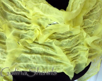 Yellow Lemon, Nuno Felted Scarf, OOAK, Handmade, Merino Bamboo, Chiffon, Hippy Style, Bohemian Fashion, Boho Shawl, Gift for her, Felt Shawl