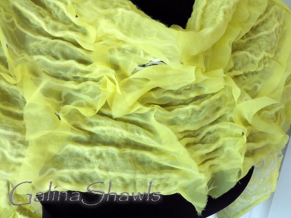 Yellow Lemon, Nuno Felted Scarf, OOAK, Handmade, Merino Bamboo, Chiffon, Hippy Style, Bohemian Fashion, Boho Shawl, Gift for her, Felt Shawl